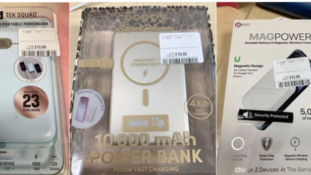 Drei verschiedene Powerbanks mit unterschiedlichen Kapazitäten und Preisen sind nebeneinander in ihren Verpackungen zu sehen.