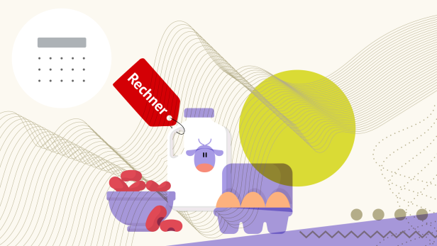 Eine Illustration von Milch, Bohnen und Eiern. Auf der Milch hängt ein Etikett, auf dem Rechner steht.