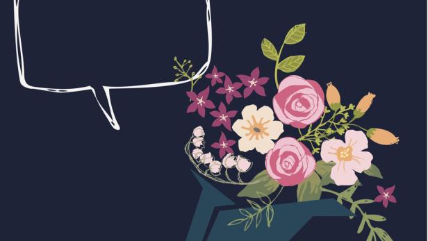 Eine Hand hält einen Strauß aus bunten Blumen mit einer leeren Sprechblase darüber.