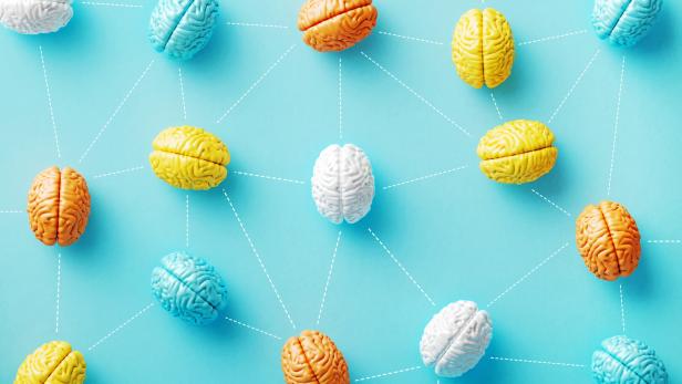 Mehrere bunte Gehirnmodelle sind durch weiße gestrichelte Linien auf hellblauem Hintergrund miteinander verbunden.