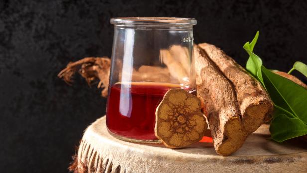 Ein Glas mit rötlicher Flüssigkeit steht neben geschnittener Wurzelrinde und grünen Blättern auf einer Trommel.