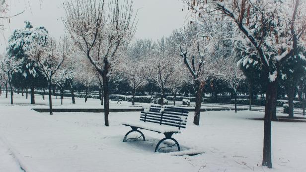 Eine leere Parkbank steht von Schnee bedeckt inmitten eines verschneiten Parks mit kahlen Bäumen.