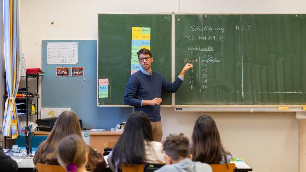 Ein Lehrer erklärt vor einer Klasse eine Wertetabelle mit Uhrzeiten und Temperaturen an der Tafel.