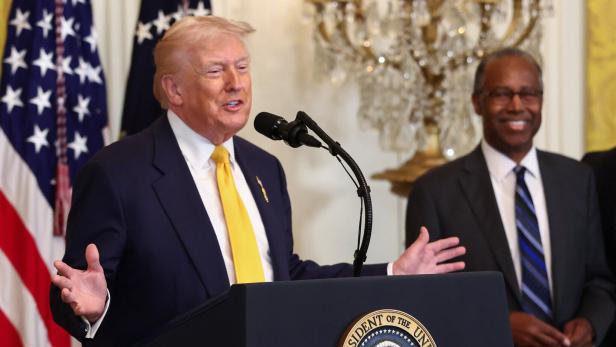 U.S. President Donald Trump speaks during a Black History Month reception at the White House in Washington
