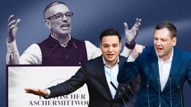 Man sieht zwei männliche Politiker vor einem anderen Mann