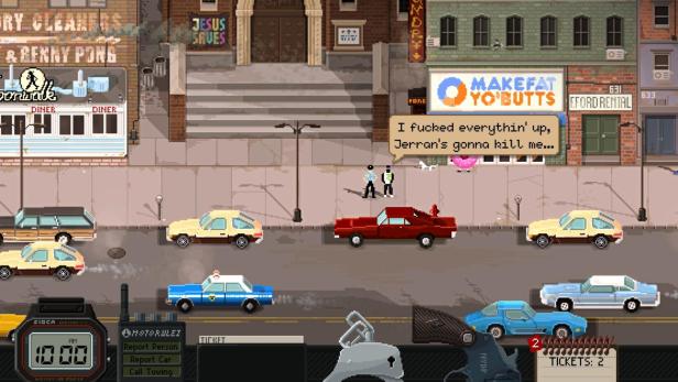 Ausschnitt aus dem Spiel Beat Cop, mit Autos auf der Straße und zwei Personen, alles in Pixel-Optik