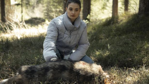Daphne Meindl (Philine Schmölzer) kniet im Wald und berührt einen reglos am Boden liegenden Wolf.