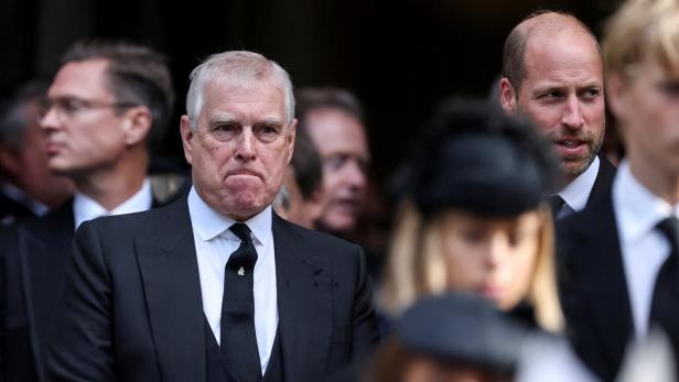 Prinz Andrew und Prinz William in dunklen Anzügen inmitten einer Menschenmenge.