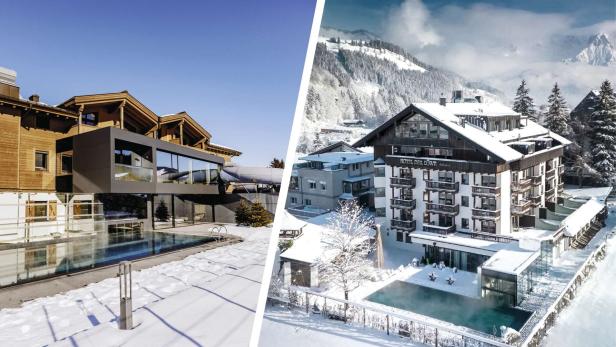 Zwei moderne Hotels mit beheizten Außenpools liegen in verschneiter Winterlandschaft in den Bergen.