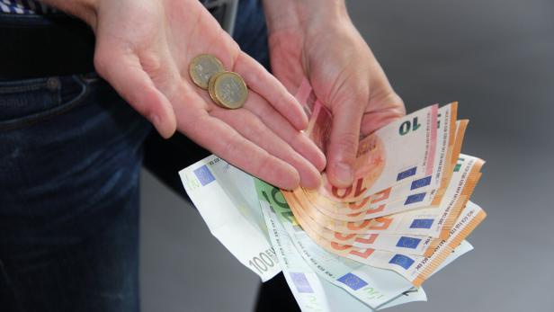 Eine Person hält mehrere Euro-Geldscheine und einige Euromünzen in den Händen.