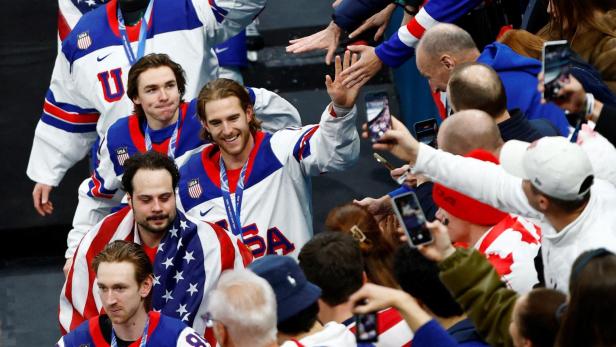 US Männer Eishockey-Team nach dem Olympiasieg