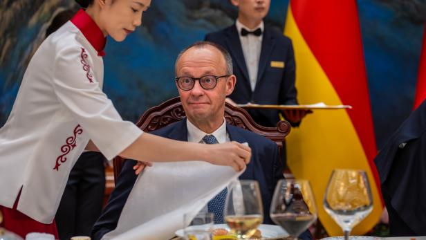 Friedrich Merz erhält am Tisch ein Tuch von einer Kellnerin, im Hintergrund eine Deutschlandflagge.
