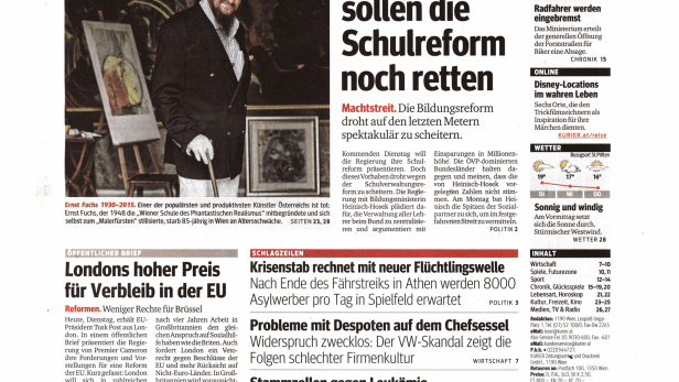 Titelseite des Kurier vom 10. November 2015 mit dem Titel „Der Tod eines alten Meisters“.