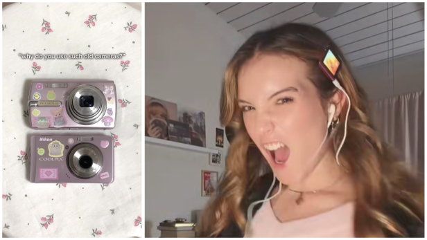 Auf TikTok sieht man viele Digicams mit Stickern und verschiedene iPods. So wie rechts werden sie manchmal als trendige Haarklammern getragen.