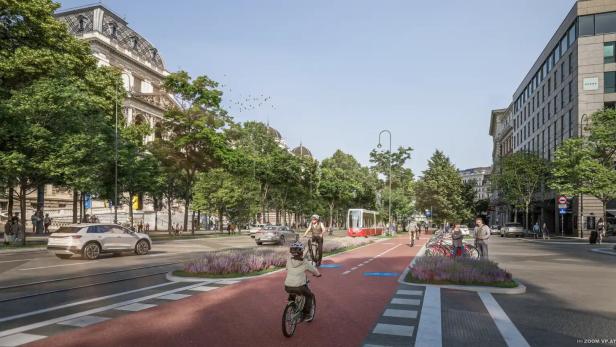 Rendering: Radfahrende fahren auf einem breiten Radweg am Ring.