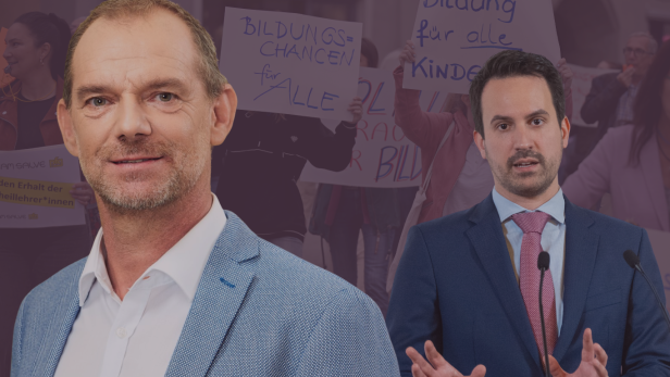 Herbert Weiß, der Vorsitzende der AHS-Lehrergewerkschaft und Bildungsminister Christoph Wiedekehr auf einer Kollage, im Hintergrund eine Lehrerinnendemonstration