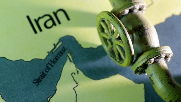 Illustration shows map showing the Strait of Hormuz, Iran and 3D printed oil pipeline