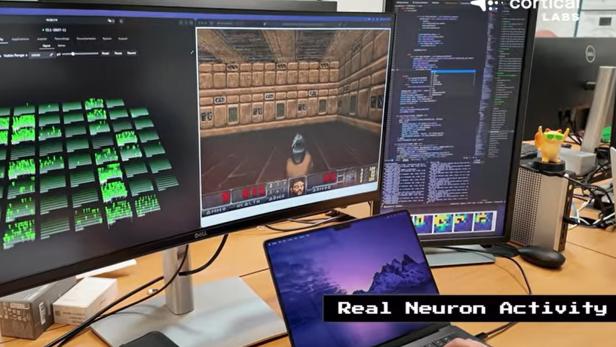 mehrere Bildschirme, auf denen Programmcode, Visualisierung und eine Szene aus DOOM zu sehen ist