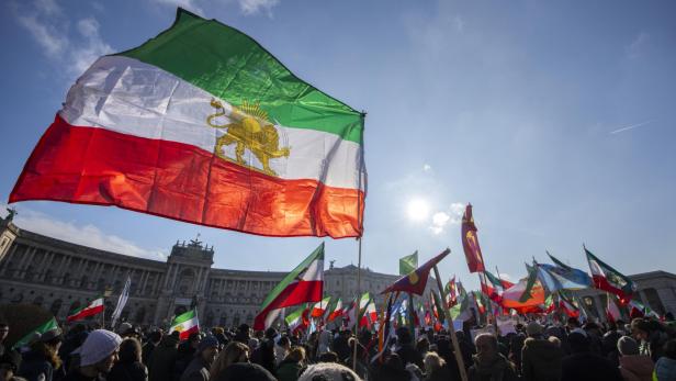 Eine Menschenmenge hält Flaggen mit Löwe und Sonne vor einem Gebäude.
