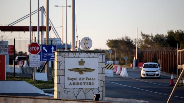 The entrance of RAF Akrotiri, a British sovereign base in Cyprus, which was hit by an unmanned drone overnight, causing limited damage