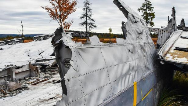 Zerstörtes Wrackteil eines abgestürzten Flugzeugs auf einer Wiese bei bewölktem Himmel.