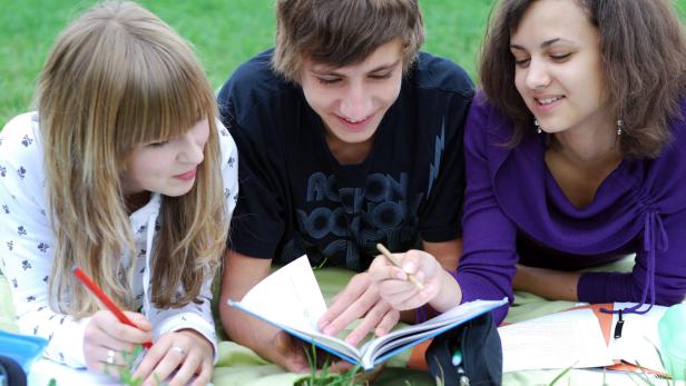 Drei Jugendliche liegen auf einer Wiese und lernen gemeinsam mit Heften und Stiften.