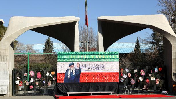 A makeshift memorial in tribute to Iran's late Supreme Leader Ayatollah Ali Khamenei on a street, in Tehran