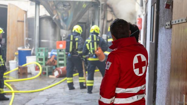 Eine Aufnahme von den Löscharbeiten, Feuerwehrmänner und Rettungssanitäter sind von hinten zu sehen.