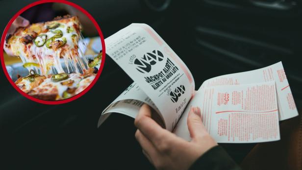 Hand hält Lottoschein, daneben im Kreis ein Stück Pizza mit geschmolzenem Käse und Jalapeños.