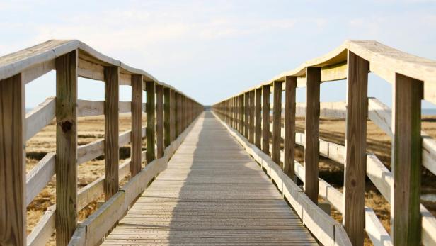 Langer Holzsteg mit Geländer führt über sandiges Gelände Richtung Horizont.