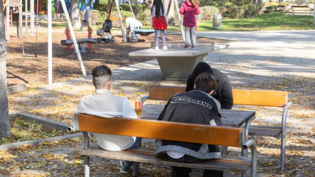 Drei Jugendliche sitzen auf einer Bank in einem Wiener Park.