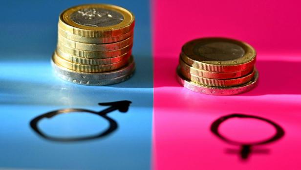 Zwei unterschiedlich hohe Münzstapel stehen auf blauem und pinkem Untergrund mit Symbolen für männlich und weiblich als Darstellung des Gender Pay Gap.