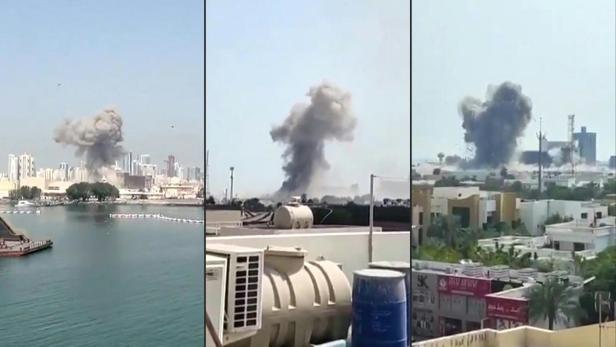 3 Bilder vom Hafen in Manama, eine Rauchsäule steigt auf