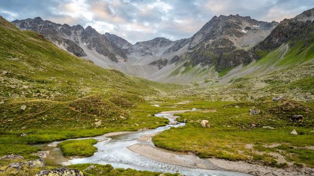 Ein Fluss schlängelt sich durch eine grüne Berglandschaft unter einem bewölkten Himmel.