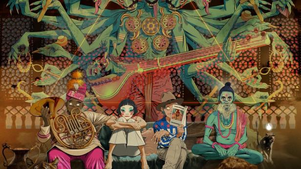 Asiatisch-ornamentale Farbzeichnung, in dessen Zentrum vier Comicsfiguren sitzen 