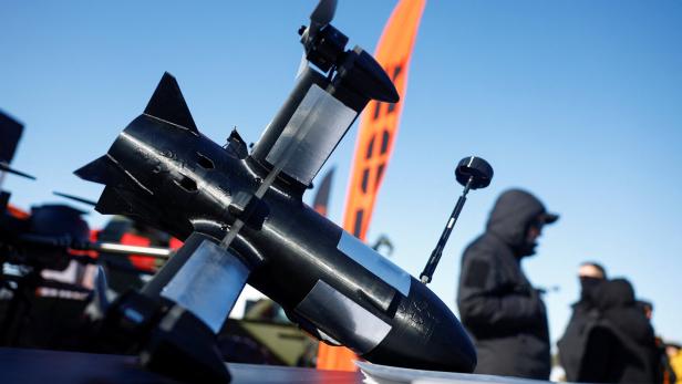 P1-Sun FPV interceptor drone is displayed at an exhibition of Ukrainian drone makers in an undisclosed location in Ukraine