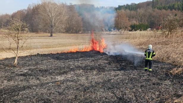 Ein Feuerwehrmann löscht einen brennenden Grasbrand auf einer Wiese, während Rauch aufsteigt.