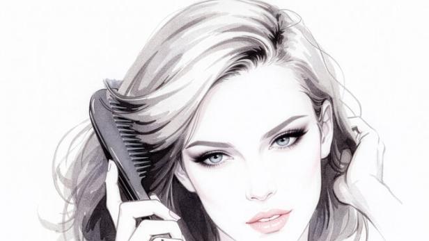 Eine Frau mit blondem Haar kämmt sich vor einem weißen Hintergrund.