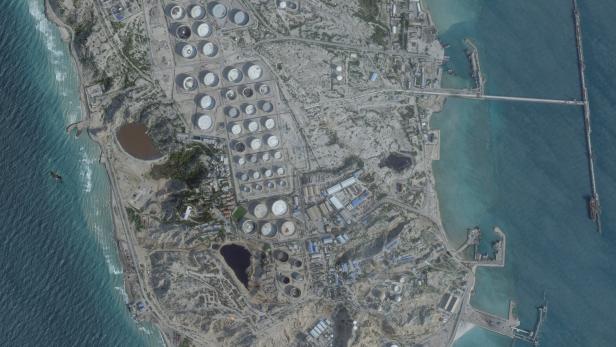 A satellite image shows an oil terminal, in Kharg Island
