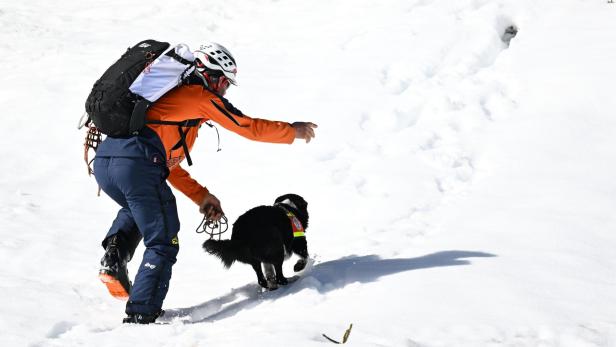 Bergretter mit Hund im Schnee