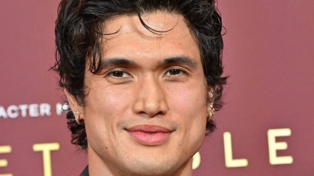 Charles Melton mit dunklem, gewelltem Haar und einem grauen Anzug trägt eine goldene Halskette.