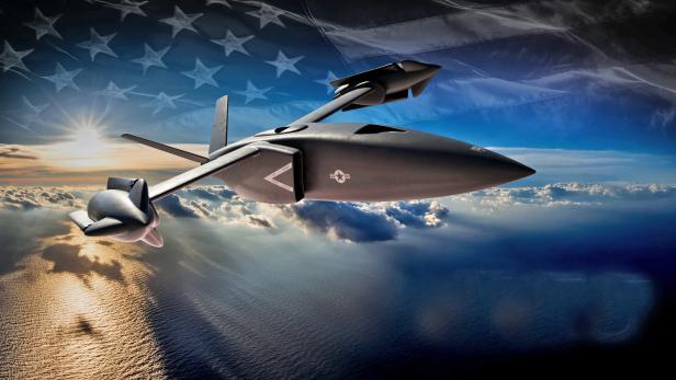 Eine Grafik des Flugzeugs X-76, das über dem Meer fliegt