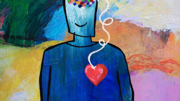 Eine blaue Figur mit einem roten Herz auf der Brust, verbunden mit bunten Feldern im Kopf durch eine weiße Linie.