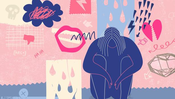 Eine Person sitzt traurig mit gesenktem Kopf, umgeben von Symbolen für negative Gefühle wie Tränen, gebrochenes Herz und dunkle Wolken.