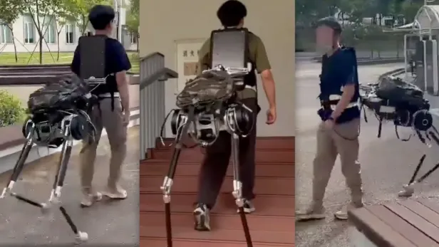 Drei Personen tragen ein Exoskelett mit zwei zusätzlichen Roboterbeinen auf dem Rücken.