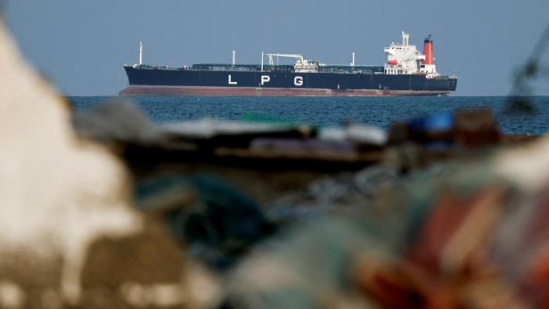 An LPG gas tanker at anchor as traffic is down in the Strait of Hormuz, in Shinas