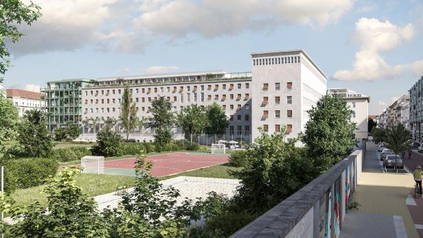 Der Blick auf das Funkhaus von der Argentinier Straße, im Vordergrund der Sportplatz des Theresianums. In grün die Umnutzung in  Wohnungen.