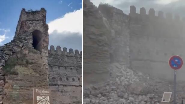 Der teilweise eingestürzte Albarrana-Turm der Burg Escalona in Toledo, umgeben von Trümmern und Staub nach dem Kollaps.