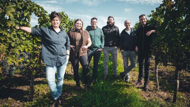 Sechs Personen stehen lächelnd zwischen Weinreben an einem sonnigen Tag im Weinberg.