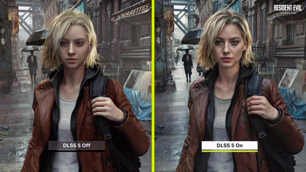 Vergleich einer Spielfigur aus Resident Evil mit deaktiviertem und aktiviertem DLSS 5.